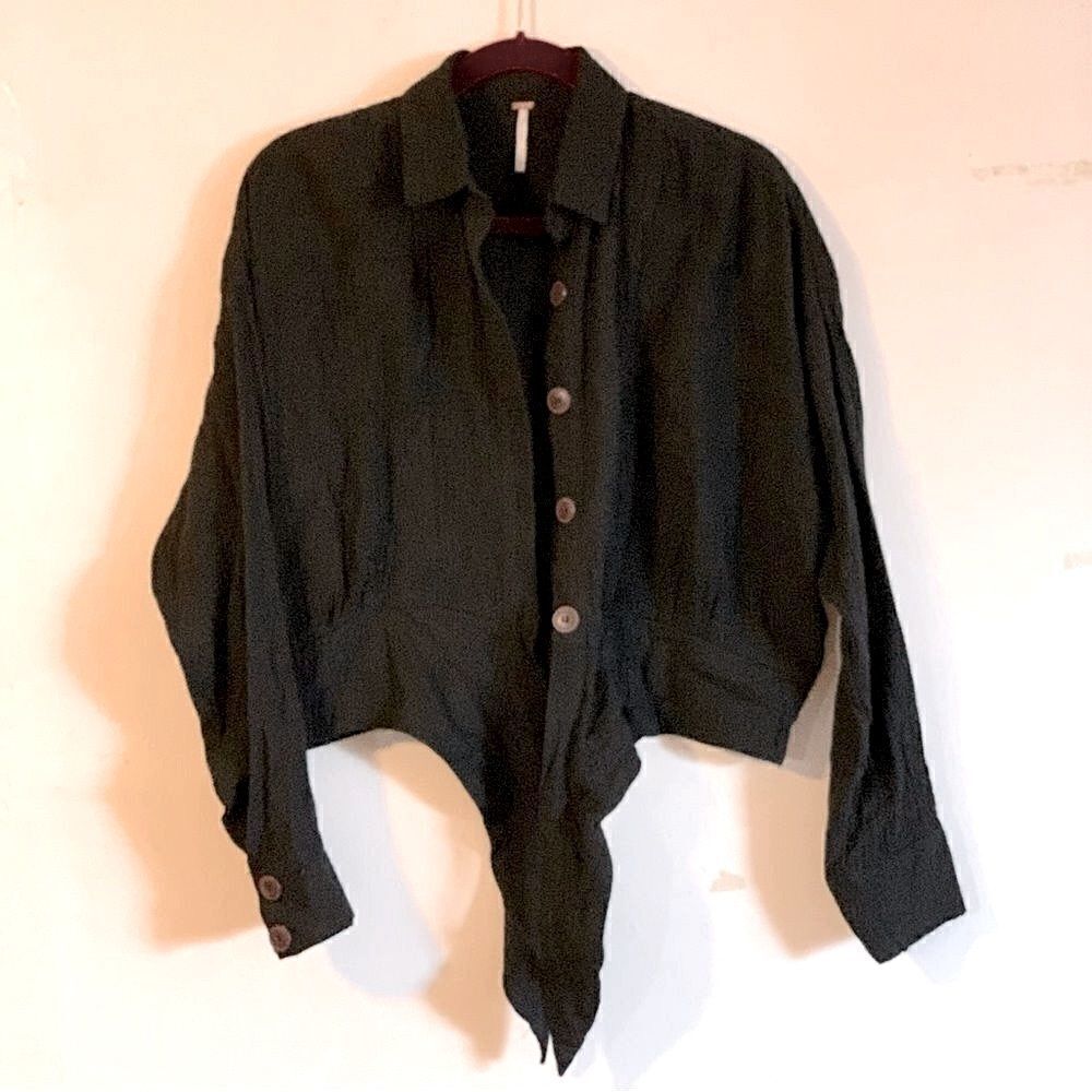 Free People Blouse Collared Tie Front Long Sleeves Oversized Sz Small Gorgeous